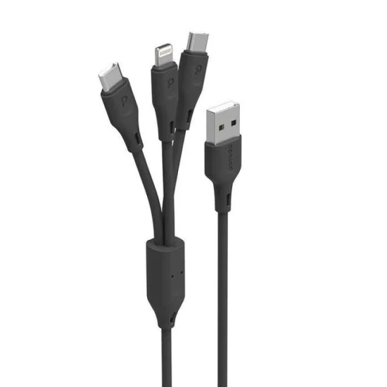 Porodo 3 in1 Aluminum Braided Fast Charge Cable (3 m) - Black